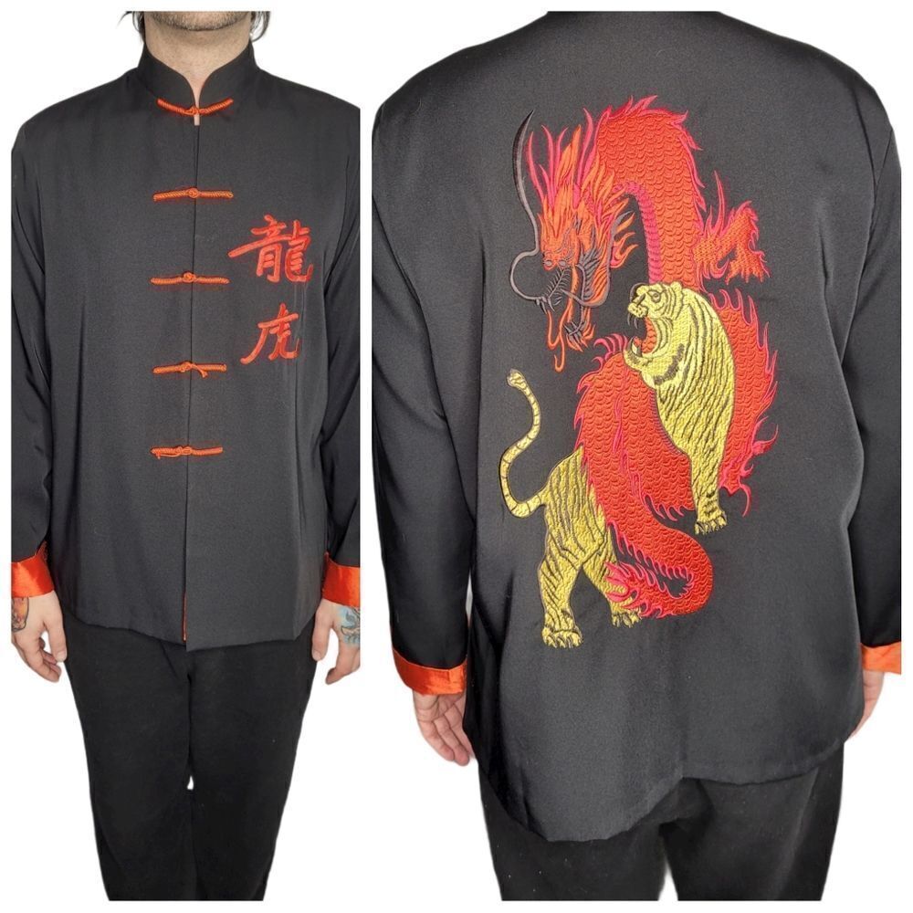 VINTAGE 90s Kung Fu uniform embroidered dragon tiger‎ black coat XL